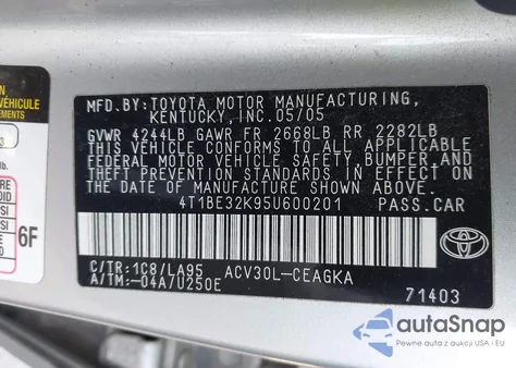 2005 Toyota Camry Xle из США, поврежденный, VIN 4T1BE32K95U600201